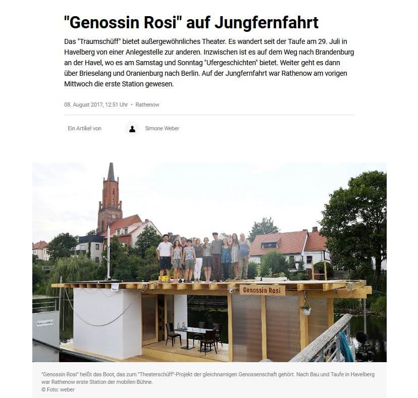 Bildschirmfoto des Artikels "Genossin Rosi auf Jungfernfahrt", MOZ.de, 08.08.2017