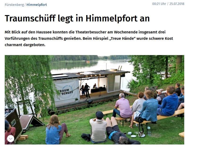 Bildschirmfoto des Artikels "Traumschüff legt in Himmelpfort an", MAZ, 25.07.2018