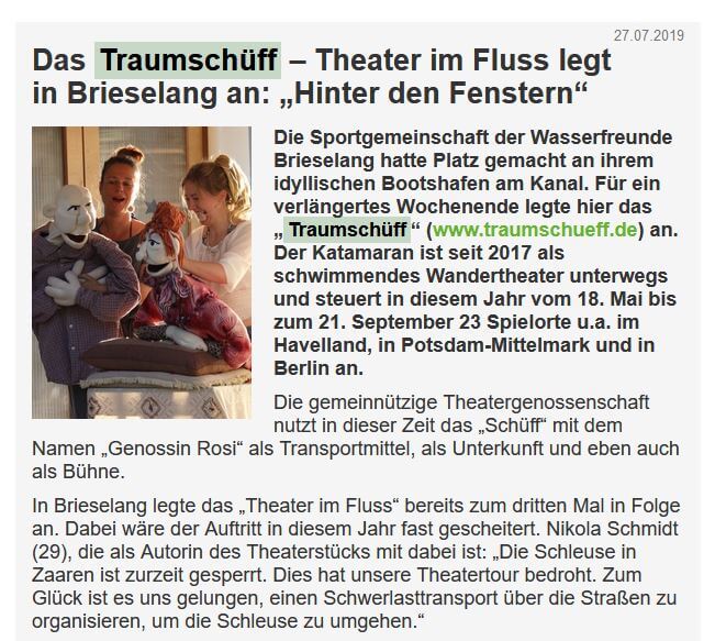 Falkensee aktuell – Das Traumschüff – Theater im Fluss legt in Brieselang an: „Hinter den Fenstern“