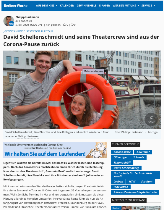 Bildschirmfoto des Artikels "David Schellenschmidt und seine Theatercrew sind aus der Corona-Pause zurück", Berliner Woche, 05.07.2020