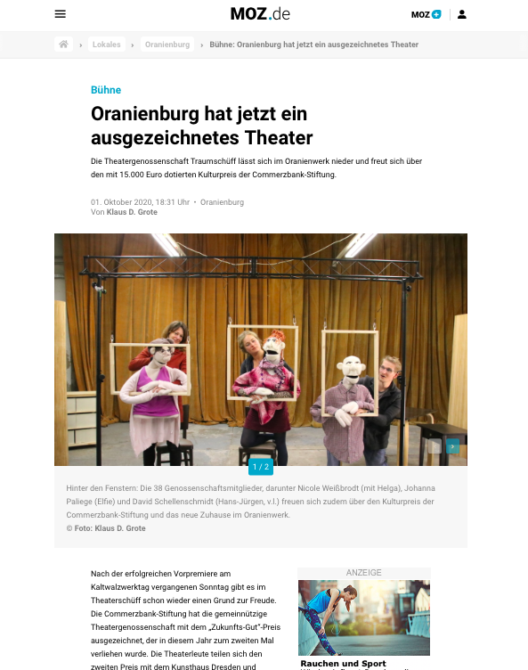 Bildschirmfoto des Artikels "Oranienburg hat jetzt eigenes Theater", MOZ, 01.10.2020