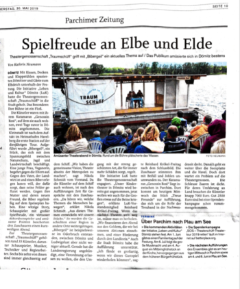 Scan des Artikels "Witz und Spielfreude am Elbufer", Ludwigsluster Tagesblatt, 29.05.2019