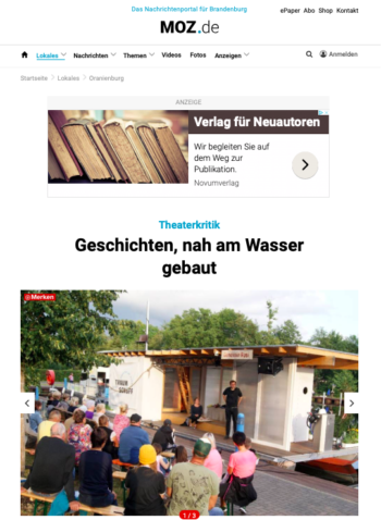 Bildschirmfoto der Theaterkritik "Geschichten, nah am Wasser gebaut", MOZ.de, 14.07.2019