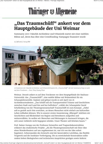 Bildschirmfoto des Artikels ""Das Traumschüff" ankert vor dem Hauptgebäude der Uni Weimar", Thüringer Allgemeine, 12.07.2017